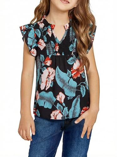 Image of Haloumoning Girls Ruffle Short Sleeve Floral Chiffon Blouses Kids Summer Shirts Tops 5-14 Years