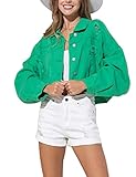 Esmeling Womens Ripped Crop Rhinestone Fringe Denim Jacket Casual Cowgirl Tassel Jean Coat(0067-Gree