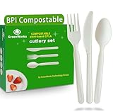 GreenWorks 150 Count 7' Heavy-duty Compostable Utensils,50 Forks 50 Spoons 50 Knives Cutlery Set,BPI Certified Large Disposable Flatware Set