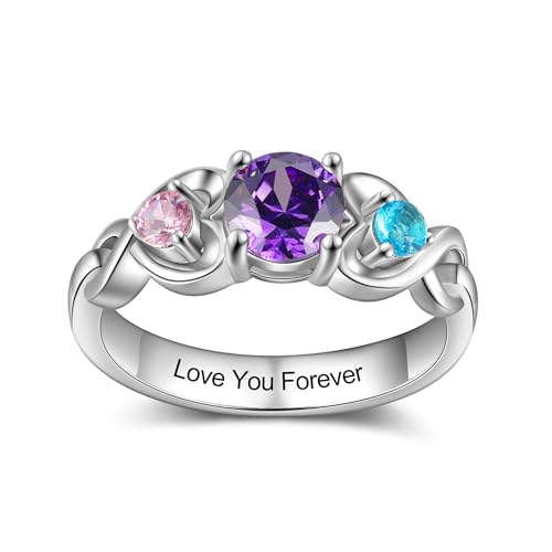 Personalized Mothers Rings with 3 Birthstones Names Engraved Sterling Silver Mom Daughter Grandma Ring Customized Anniversary Promise Rings for Grandma Wife