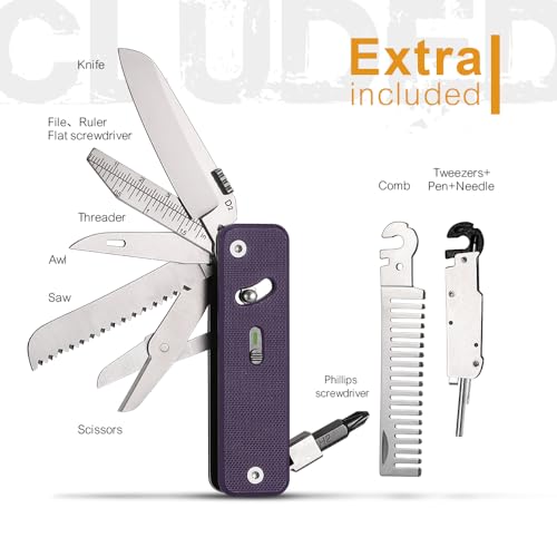 Image of ROXON S503G 9 in 1 Mini Multi Tool EDC Pocket Knife Multitool with G10 Handle,Scissors,Screwdriver,Threader,Awl, Flat Screwdriver,Ruler,Tweezers for Outdoors Fishing Camping,Gifts for Men (Purple)