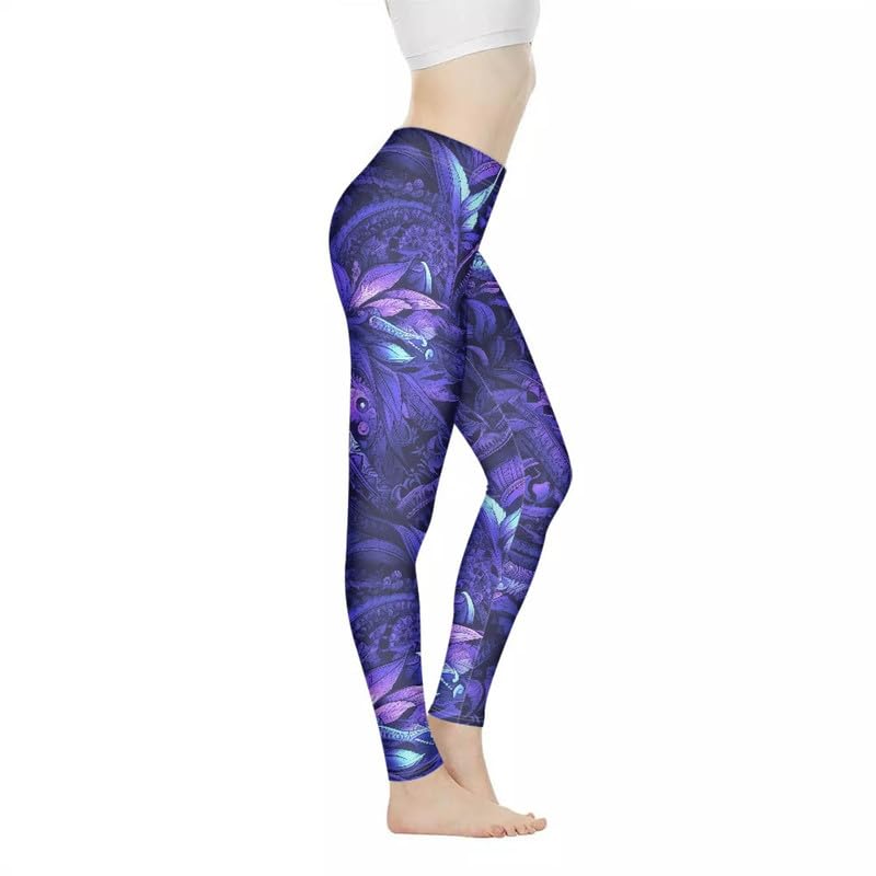 Irisjudy Purple Spiral Floral Women's Workout Leggings Yoga Biker Running Leggings, Gothic Ethnic Totem Flower High Waisted Athletic Pants Soft Tights Gym Clothes