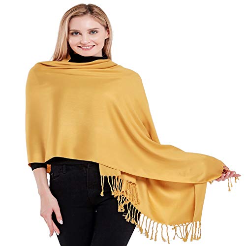 CJ Apparel Gold Brown Solid Color Tassels Design Nepalese Shawl Scarf Wrap Stole Throw Head Wrap Pashmina Hand Made in Nepal New