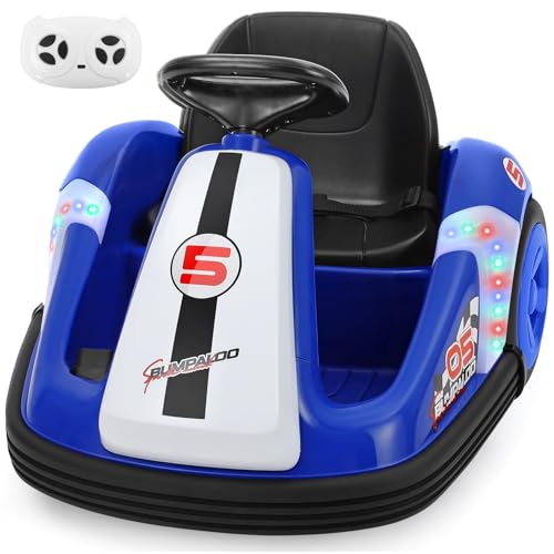 ELEMARA Autoscooter Kinder mit großem Rad 12V Elektro Bumper Car mit Fernbedienung 3 5 KM/H Max Autoscooter mit DIY-Aufkleber 360 Grad-Spin Musik Bluetooth LED-Lichter Blau