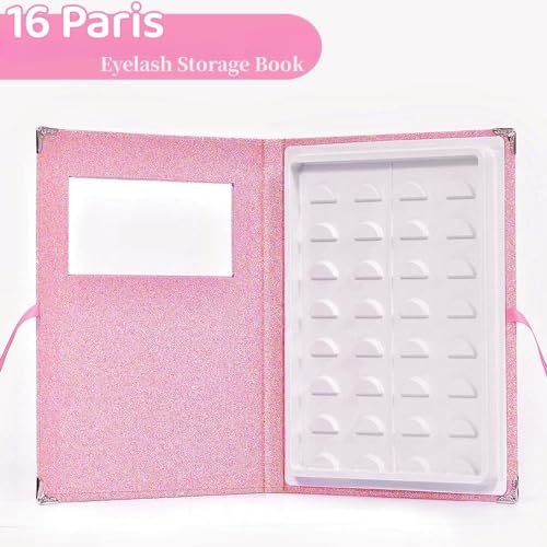 False Eyelash Storage Book Protable 16 Pari Eyelashes Organizer Holder Case Lash Contanier Box Glitter Cover Lash Container Empty Case with Eyelash Tweezer Pink