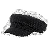 Beret Hats for Women PU Leather Newsboy Fiddler Cap with Veil Casual Baker Boy Captain Hat