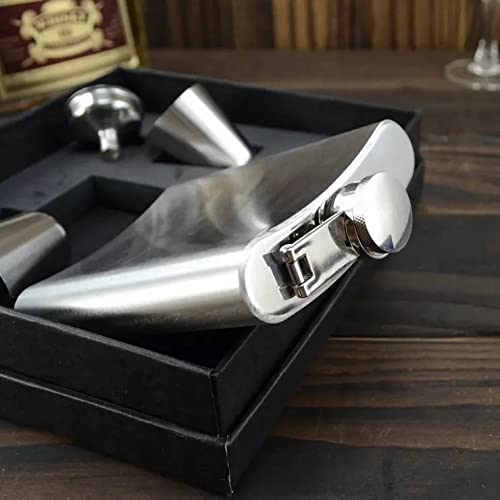 Image of AUGEN Hip Flask Stainless Steel Leak Proof Jim Silver Beam Leather Stiched 7oz (210ml) Liquor Pocket Flasks or Alcoholic Beverage Holder Set with Two Shot Glasses and Funnel Gift Set