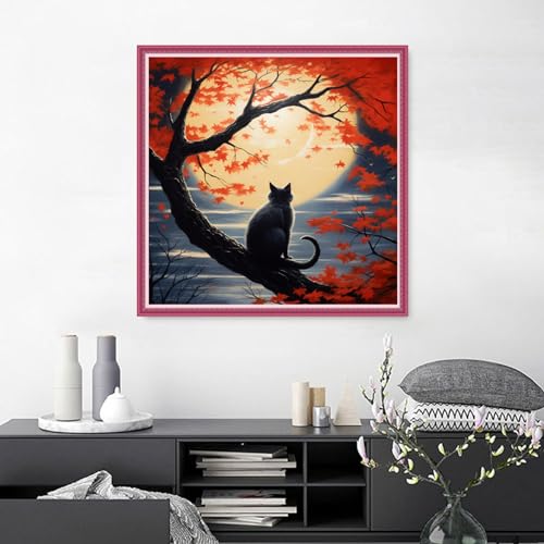 Image of Joyhoor Cross Stitch Kits for Beginners Stamped Cross-Stitch Supplies Needlework preprint Embroidery Kits for Adults DIY Needlepoint Kits Embroidery Patterns 11CT-Cat Watching the Moon 18.x18 inch