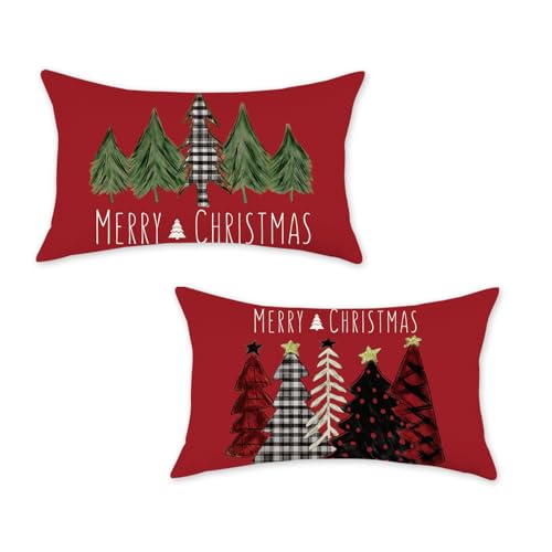 ONWAY Christmas Pillow Covers 12x20 Inch Set of 2 Trees Red Black Green Decorative Lumbar Pillowcases Winter Holiday Cushion Cases for Christmas Decorations Red