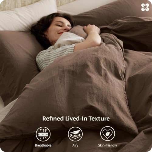 Image of Bedsure 100% Washed Cotton Duvet Cover Cal King - Brown Minimalist Bedding Set Linen Like - PureWoven Plain Simple & Soft Comforter Cover for All Seasons (Brown, California King, 104 inchx98 inch)