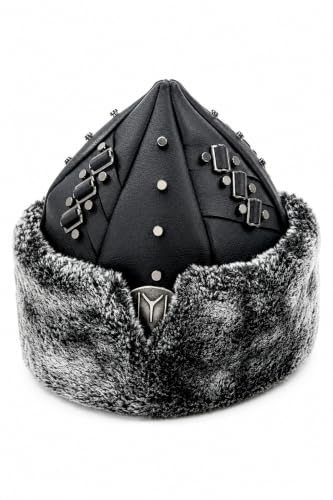Turkish Ottoman Bork Hat, Ertugrul Leather Fur Winter Cap, Coat of Arms Kayi Tribe Alp IYI, Grey Faux Fur and Black Faux Leather