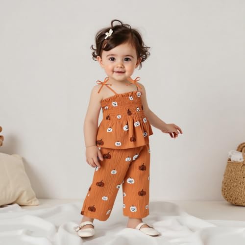 Toddler Baby Girl Halloween Outfits 2 Pcs Set Pumpkin Smocked Tie-up Spaghetti Camisole And Linen Pants4