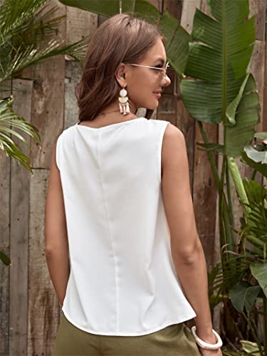 Milumia Women's Casual Pleated Round Neck Sleeveless Work Office Blouse Top White Small #TOP1