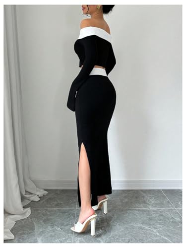 WDIRARA Women's 2 Piece Split Fishtail Skirt Set Monochrome Off Shoulder Top Outfit2
