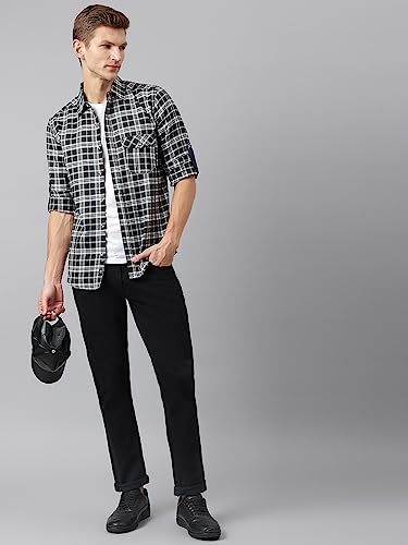 Image of Thomas Scott Men's Polyester Checkered Slim Fit Casual Shirt with Spread Collar and Long Sleeve (TS1045 Wood)