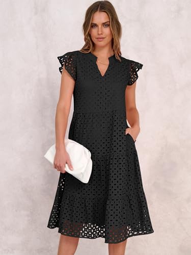 ANRABESS Womens 2025 Summer Midi Dress Hollow Out Eyelet Ruffle Sleeve V Neck Casual Flowy Tiered Beach Vacation Sundress2