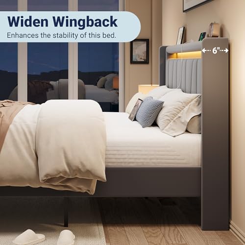 Image of Allewie Queen Size LED Bed Frame with Charging Station, Velvet Upholstered Platform Bed with Geometric Wingback Headboard, Modern Frame with No Box Spring Needed, Easy Assembly, Grey
