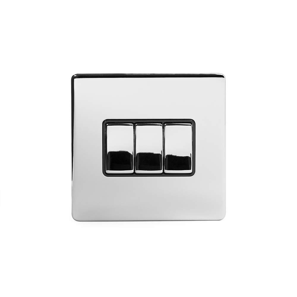 Soho Lighting Polished Chrome 3 Gang Intermediate Light Switch Black Insert Screwless