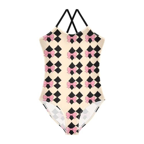 Black and Pink Butterfly Bow Girls One Piece Swimsuits Quick Dry Beach Swimwear Bathing Suit, 5-6T