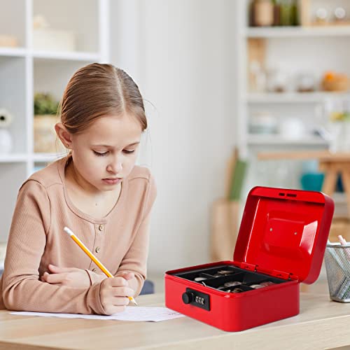Kasten Cash Box With Combination Lock, Metal Cash Box With Money Tray, 7.87"X 6.30"X 3.54", Small Red #TOP7