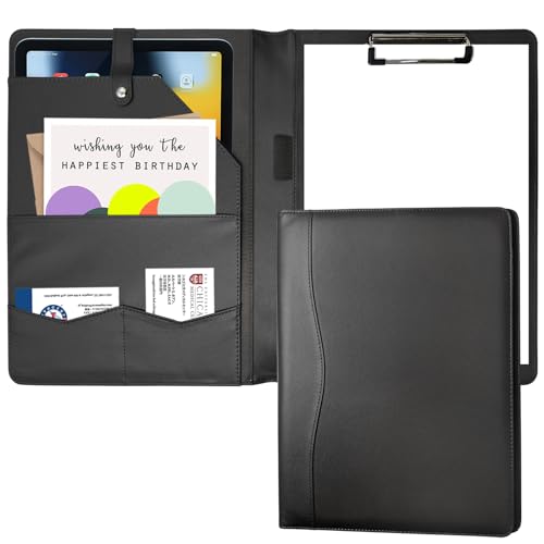 Pasta de pasta de portfólio com prancheta A4, carteira de couro PU, prancheta, fichário de negócios, organizador para documentos jurídicos, cartões de visita, homens e mulheres, preto
