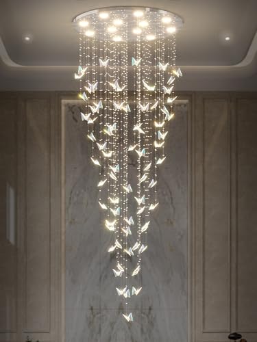 Image of ykolupty H102 High Ceiling Chandelier Modern Crystal Chandeliers Lighting Raindrop Large Chandelier for Staircase Foyer Entryway Living Room Dimmable 3000-6000K