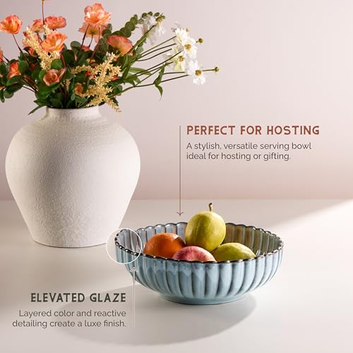 Serving Bowls, Durable Ceramic, Large, Microwave and Dishwasher Safe, Scalloped Shell Shape, Ombre Blue, 70 oz, Set of 2, Tidal Collection - Image 4