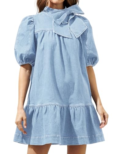 EZAPINE Women Puff Sleeve Denim Dresses Casual Mock Neck Ruffle