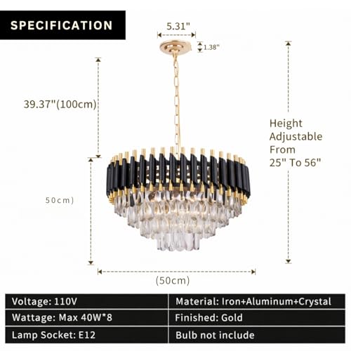 Image of One94Store Modern Crystal Chandelier Ceiling Light 500mm, Tricolour LED (Warm, Cool & Natural White), Luxury Black & Gold Decorative Jhumar for Living Room, Dining Hall & Bedroom