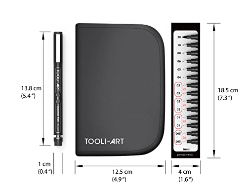 TOOLI-ART Micro-Line Pens With Case, Fineliner, Multiliner, Archival Ink, Artist Illustration, Architecture, Technical Drawing, Outlining, Scrapbooking, Manga, Writing, Rock Painting 14/Set Black