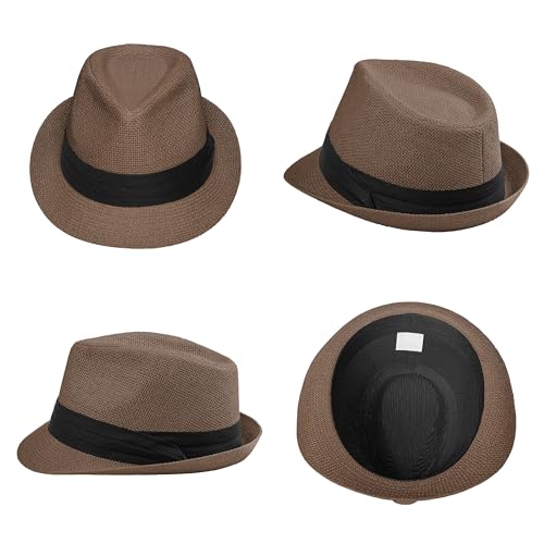 Image of Straw Trilby Fedora Hat for Men Women 1920s Panama Hat Short Brim Summer Beach Sun Hat with Band