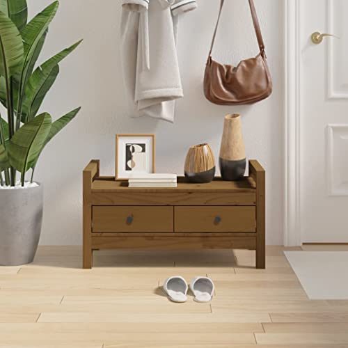 Teenpull Banco de pasillo marrón miel 80 x 40 x 43 cm de madera de pino maciza, ideal como zapatero con espacio para la entrada, versátil como asiento y organizador