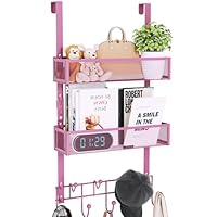 Consumest Over The Door Hooks Organizer - Extra Long Door Hanger with 9 Coat Hooks & 2 Mesh Basket, Back Storage Organizer Hanging Towels for Bathroom, Bedroom - Pink (for 1.76 in Doors)