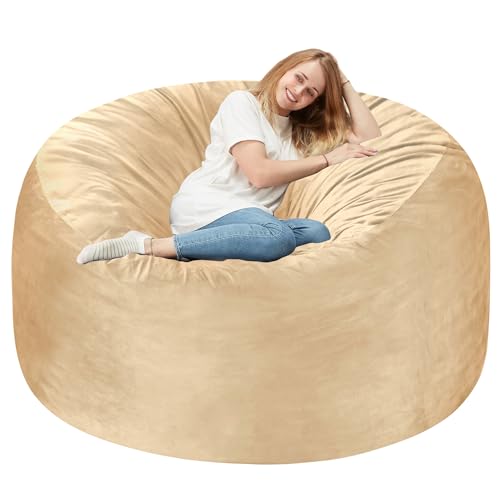 Homguava 5FT Bean Bag Chair Giant BeanBag with Memory Foam Filled, Comfy Bean Bag Chairs for Adults, Adult Bean Bag Chair with Dutch Velvet Cover for Living Room Bedroom-Khaki