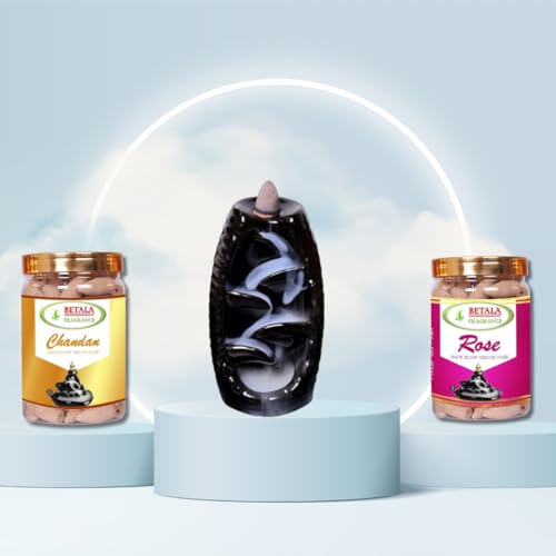 Image of Betala Fragrance Black Ceramic Fountain Smoke Waterfall Backflow Burner + 2 Pack Dhoop Cone, Chandan, Rose (50 Pcs) (Burner + 2 Incense Cone)