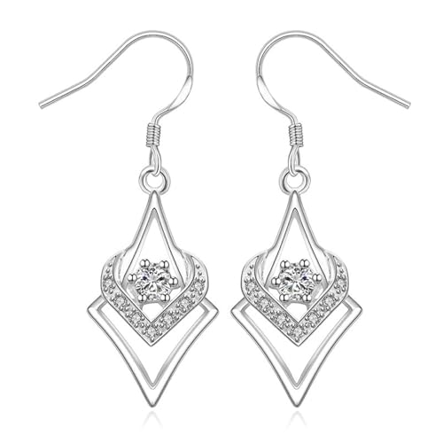 ZQHWYZ 9K White Gold Earrings for Women, Geometric Rhombus with Round Lab Diamond Dangle Earrings for Women White Gold