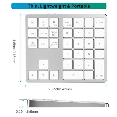 Image of Tobo Wireless Numeric Keypad 35 Keys, Bluetooth+2.4GHz, 500mAh Rechargeable, 365 Days Standby, Quiet Keys, Aluminium Number Pad for Laptop Desktop PC (TD-K35)