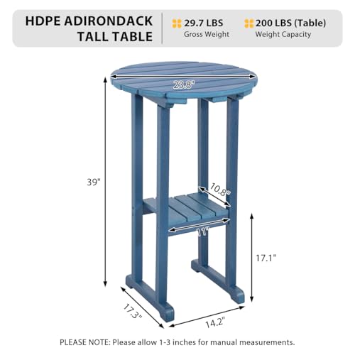 Sundale Outdoor 3-Piece Adirondack Bar Set, Patio Counter Height Adirondack Tall Chairs Set of 2 and Round Side Table, High Top HDPE Stools and Pub Bistro Dining Furniture for 2, Navy Blue