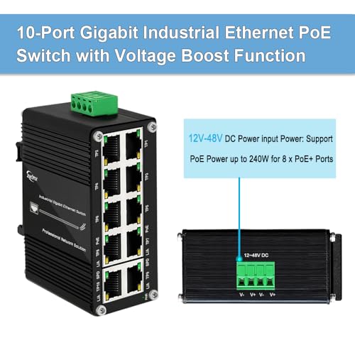 Image of Industrial 8-Port Gigabit PoE Switch with 2 Uplink Ports, IEEE 802.3af /at 30W, 12~48V DC Input, Voltage Booster, DIN-Rail Mount, IP40 Aluminum Case for Camera,AP, VoIP