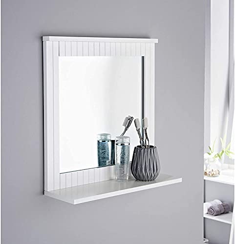 Homme Concept White Bathroom Mirror & Cosmetic Shelf 40cm Wall Mounted Vanity Mirror MoistureResistant MDF Compact & Easy Wall Fix