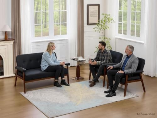 Image of JIASTING 50 inch Black Leather Loveseat Sofa, Small Office Couch with Wood Arms