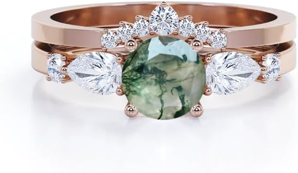 Vintage Fairytale Chevron 1.3 carat Round cut Moss Green Agate and CZ wedding ring set in 9 Natural Moss Agate Ring And Engagement Wedding Promise Ring Jewelry Gift for Women