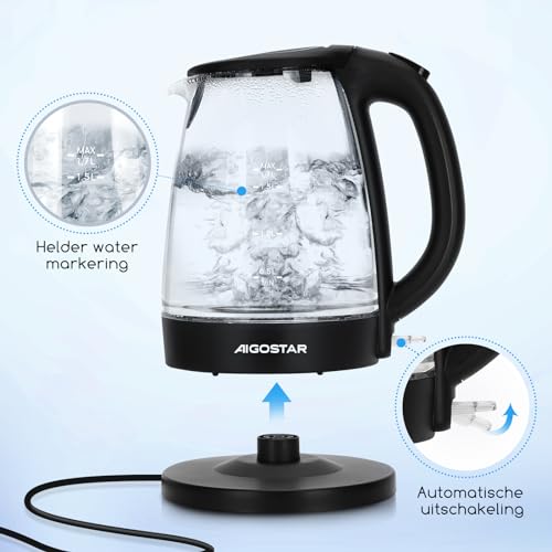 Glaswasserkocher Aigostar Adam, 1,7 Liter Wasserkocher mit LED-Beleuchtung