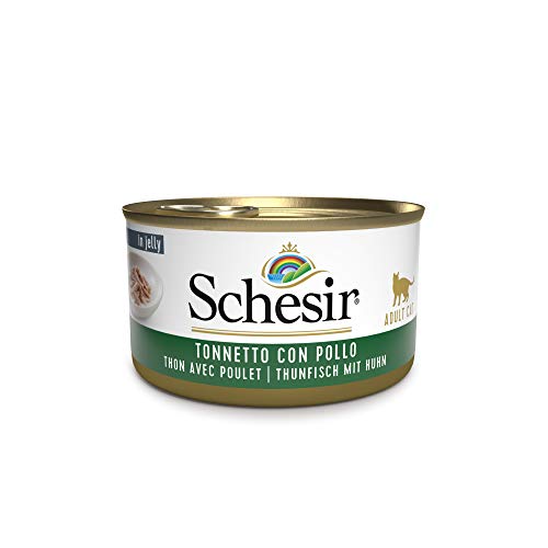 Schesir Cat Jelly Thunfisch mit Huhn, Katzenfutter nass in Gelee, 24 Dosen x 85 g