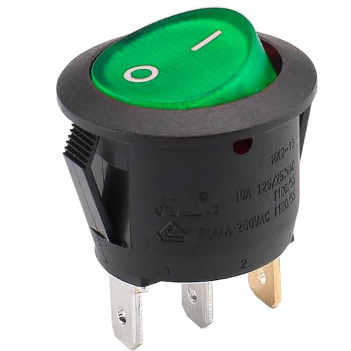 Interruptor Redondo Basculante De 3 Vias ON/OFF 6A interruptor auxiliar - controlador eléctrico vehículo - interruptor para botoneras - interruptor con testigo luminoso - Luz verde