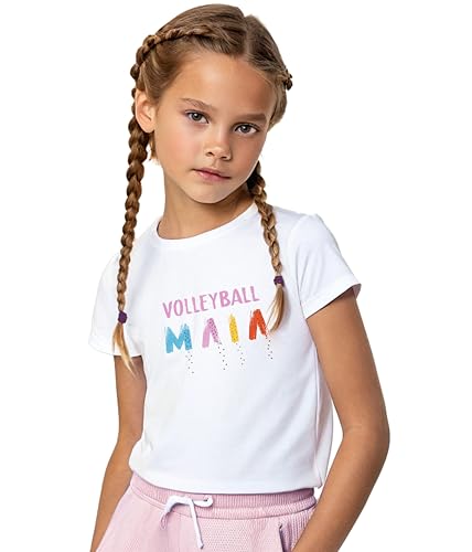 Girls’ Sparkling Volleyball T-Shirt Rhinestone Print & Sporty Glam%100 Cotton
