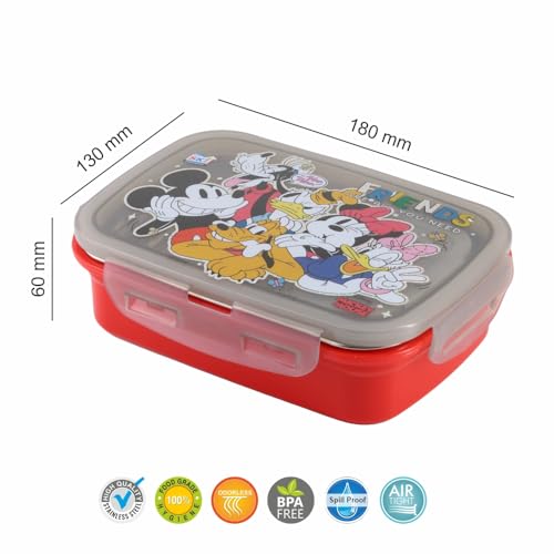 Image of SKi Homeware SnapLock Lunch Box for Kids with Stainless Steel Removable Inner Container +125ml dabbi + Spoon | Leak Resistant | Genuine Character Merchandise | Perfect for Birthday Gifts- Mickey