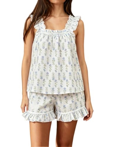 Image of Womens Summer 2 Piece Set Fashion Ruffle Trim Cami and Casual Shorts Set Cotton Pajama Sets