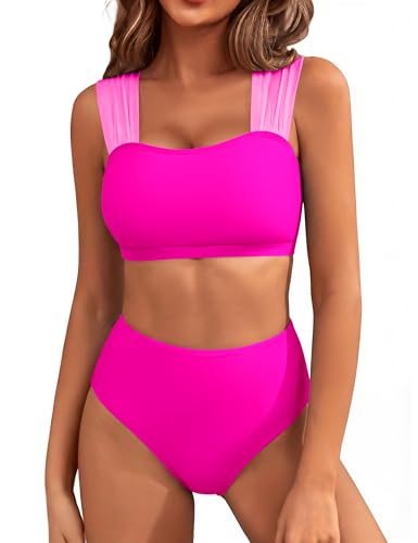 Image of Blooming Jelly Women High Waisted Bikini Sets Color Block Tummy Control Swimsuits Retro Square Neck Sporty Bathing Suit
