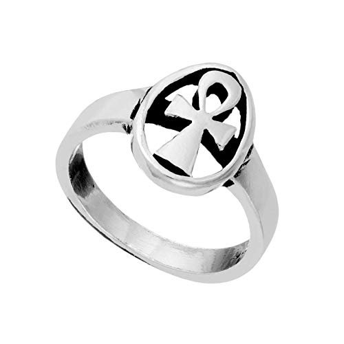 Silverly Anillo Ankh Ovalado de Plata Esterlina para Hombre | Anillo de Cruz Egipcia Antigua de Plata 925 para Mujer | Anillos Crux Ansata Calados | Regalo de Símbolo Cristiano | Joyería Gótica